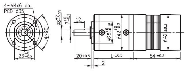 Rozmery BLDC motora s planétovou prevodovkou série PG429