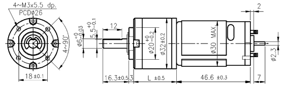 Rozmery DC motora s planétovou prevodovkou série PG321