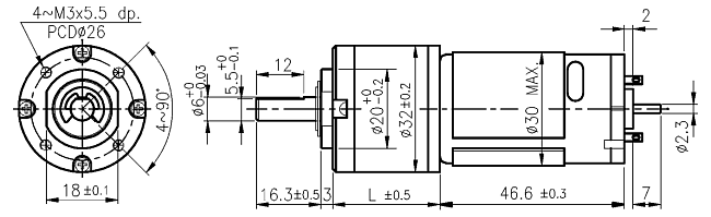 Rozmery DC motora s planétovou prevodovkou série PG321 Rozmery DC motora s planétovou prevodovkou série PG321