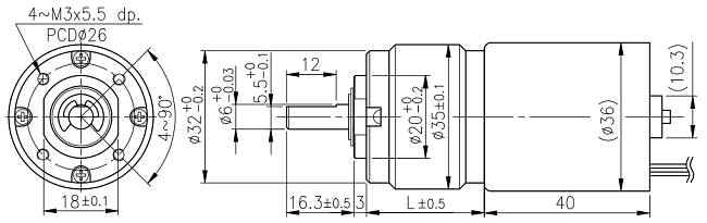 Rozmery BLDC motora s planétovou prevodovkou série PG359
