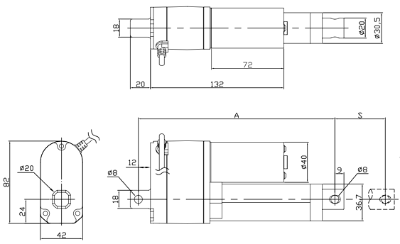 Rozmery aktuatora LD3 s potenciometrom